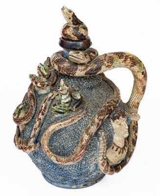 Important Anna Pottery Stoneware Snake Jug w/ Elaborate Applied Figural and Brushed Cobalt Decoration