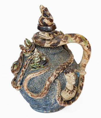 Important Anna Pottery Stoneware Snake Jug w/ Elaborate Applied Figural and Brushed Cobalt Decoration