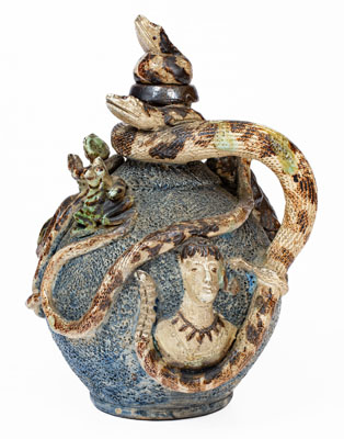 Important Anna Pottery Stoneware Snake Jug w/ Elaborate Applied Figural and Brushed Cobalt Decoration