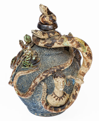 Important Anna Pottery Stoneware Snake Jug w/ Elaborate Applied Figural and Brushed Cobalt Decoration