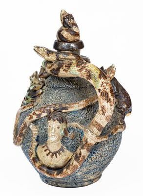 Important Anna Pottery Stoneware Snake Jug w/ Elaborate Applied Figural and Brushed Cobalt Decoration