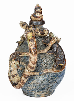 Important Anna Pottery Stoneware Snake Jug w/ Elaborate Applied Figural and Brushed Cobalt Decoration