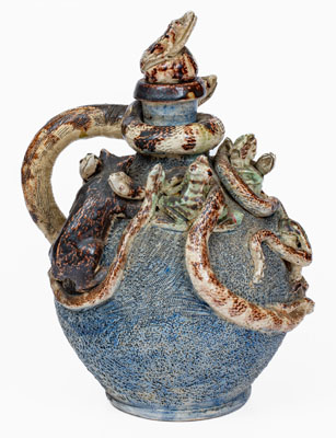 Important Anna Pottery Stoneware Snake Jug w/ Elaborate Applied Figural and Brushed Cobalt Decoration