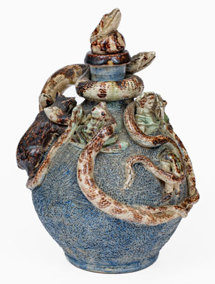 Important Anna Pottery Stoneware Snake Jug w/ Elaborate Applied Figural and Brushed Cobalt Decoration