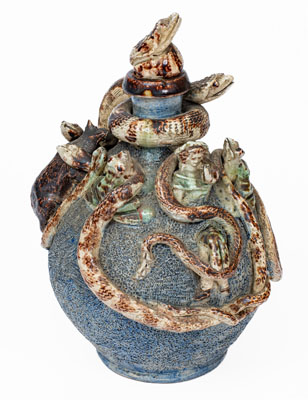 Important Anna Pottery Stoneware Snake Jug w/ Elaborate Applied Figural and Brushed Cobalt Decoration