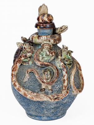 Important Anna Pottery Stoneware Snake Jug w/ Elaborate Applied Figural and Brushed Cobalt Decoration