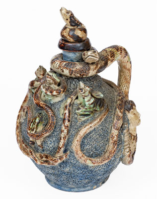 Important Anna Pottery Stoneware Snake Jug w/ Elaborate Applied Figural and Brushed Cobalt Decoration