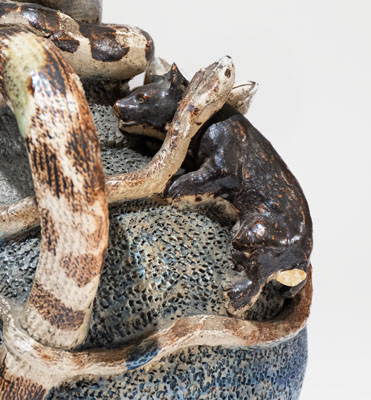 Important Anna Pottery Stoneware Snake Jug w/ Elaborate Applied Figural and Brushed Cobalt Decoration