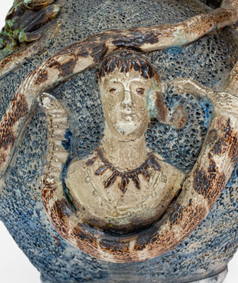 Important Anna Pottery Stoneware Snake Jug w/ Elaborate Applied Figural and Brushed Cobalt Decoration