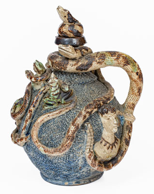 Important Anna Pottery Stoneware Snake Jug w/ Elaborate Applied Figural and Brushed Cobalt Decoration