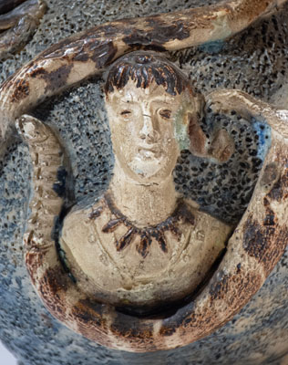 Important Anna Pottery Stoneware Snake Jug w/ Elaborate Applied Figural and Brushed Cobalt Decoration