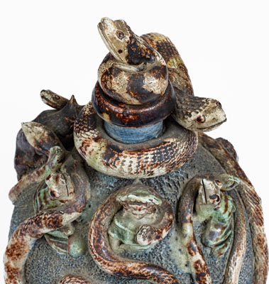 Important Anna Pottery Stoneware Snake Jug w/ Elaborate Applied Figural and Brushed Cobalt Decoration