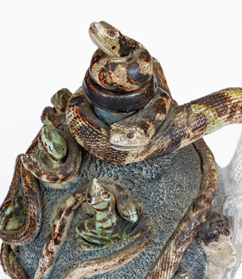 Important Anna Pottery Stoneware Snake Jug w/ Elaborate Applied Figural and Brushed Cobalt Decoration