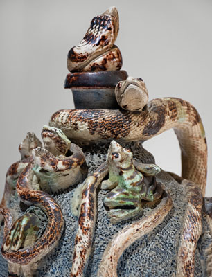 Important Anna Pottery Stoneware Snake Jug w/ Elaborate Applied Figural and Brushed Cobalt Decoration