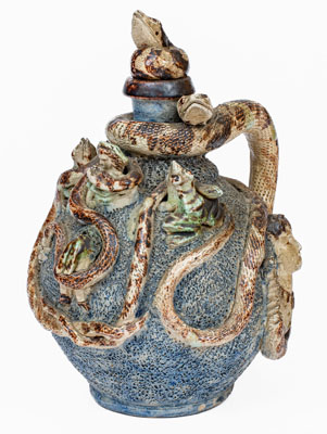 Important Anna Pottery Stoneware Snake Jug w/ Elaborate Applied Figural and Brushed Cobalt Decoration