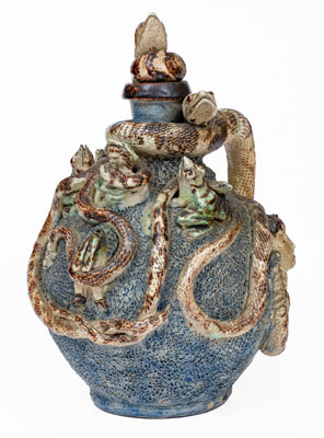 Important Anna Pottery Stoneware Snake Jug w/ Elaborate Applied Figural and Brushed Cobalt Decoration