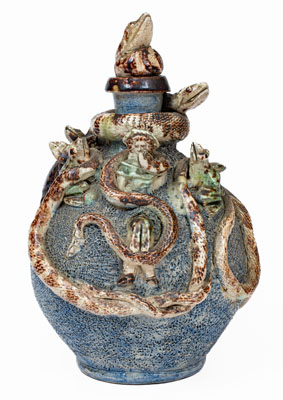 Important Anna Pottery Stoneware Snake Jug w/ Elaborate Applied Figural and Brushed Cobalt Decoration