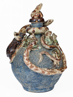 Important Anna Pottery Stoneware Snake Jug w/ Elaborate Applied Figural and Brushed Cobalt Decoration