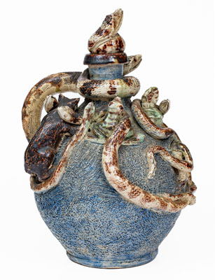 Important Anna Pottery Stoneware Snake Jug w/ Elaborate Applied Figural and Brushed Cobalt Decoration