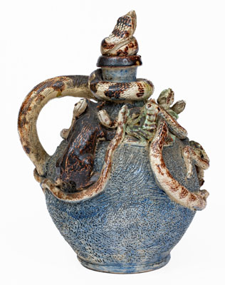 Important Anna Pottery Stoneware Snake Jug w/ Elaborate Applied Figural and Brushed Cobalt Decoration