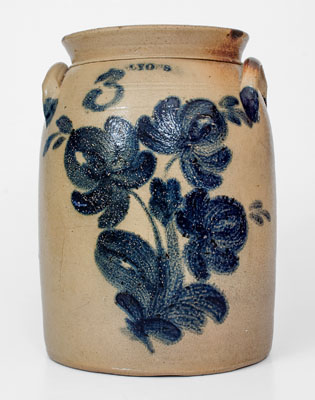 3 Gal. LYONS, New York Stoneware Jar w/ Elaborate Cobalt Floral Decoration