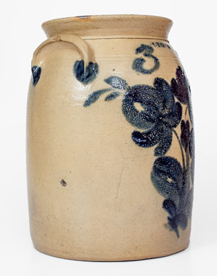 3 Gal. LYONS, New York Stoneware Jar w/ Elaborate Cobalt Floral Decoration