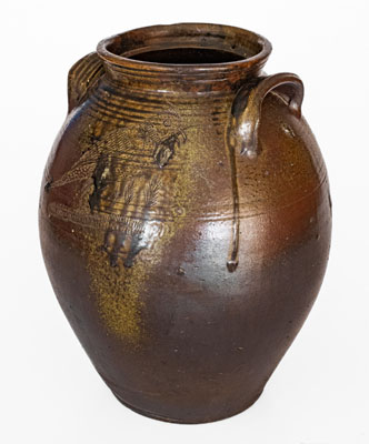 Outstanding Four-Gallon Chester Webster, Randolph Co, NC Stoneware Jar w/ Incised Bird and Dramatic Salt Glaze