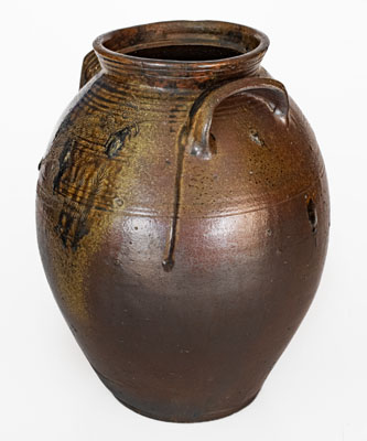 Outstanding Four-Gallon Chester Webster, Randolph Co, NC Stoneware Jar w/ Incised Bird and Dramatic Salt Glaze