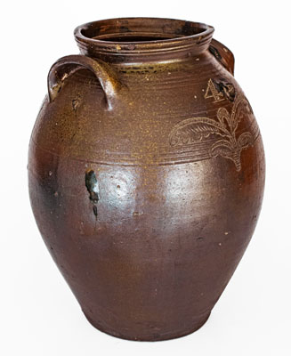 Outstanding Four-Gallon Chester Webster, Randolph Co, NC Stoneware Jar w/ Incised Bird and Dramatic Salt Glaze