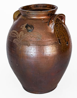 Outstanding Four-Gallon Chester Webster, Randolph Co, NC Stoneware Jar w/ Incised Bird and Dramatic Salt Glaze