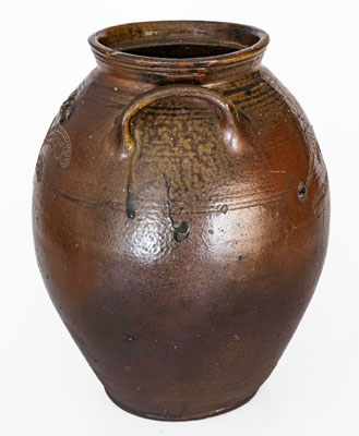 Outstanding Four-Gallon Chester Webster, Randolph Co, NC Stoneware Jar w/ Incised Bird and Dramatic Salt Glaze
