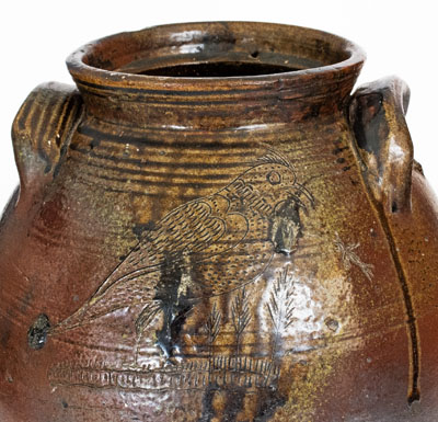 Outstanding Four-Gallon Chester Webster, Randolph Co, NC Stoneware Jar w/ Incised Bird and Dramatic Salt Glaze