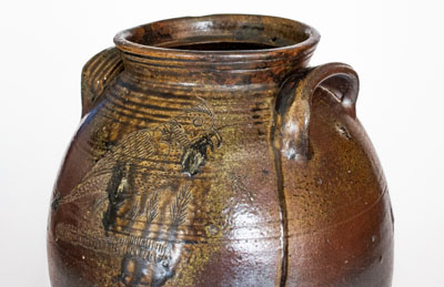 Outstanding Four-Gallon Chester Webster, Randolph Co, NC Stoneware Jar w/ Incised Bird and Dramatic Salt Glaze