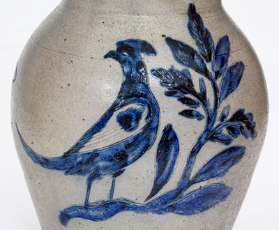 Very Rare and Important Henry Remmey, Baltimore Stoneware Pitcher w/ Elaborate Incised Bird and Floral Designs