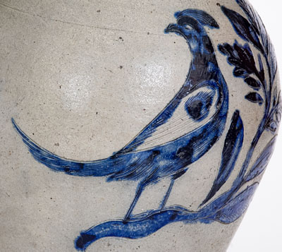 Very Rare and Important Henry Remmey, Baltimore Stoneware Pitcher w/ Elaborate Incised Bird and Floral Designs
