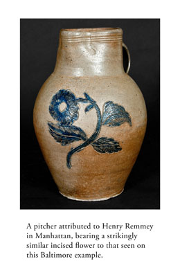 Very Rare and Important Henry Remmey, Baltimore Stoneware Pitcher w/ Elaborate Incised Bird and Floral Designs