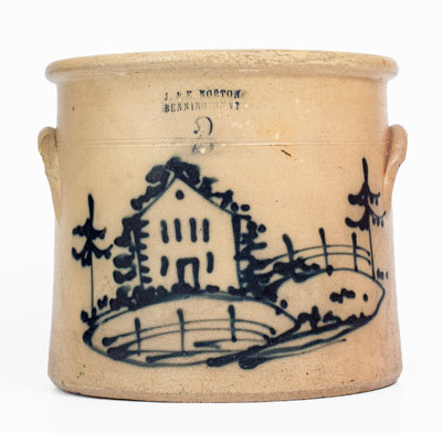 Rare J. & E. NORTON / BENNINGTON, VT Stoneware Crock w/ Cobalt House Scene