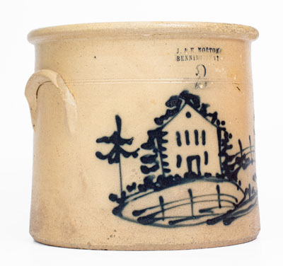 Rare J. & E. NORTON / BENNINGTON, VT Stoneware Crock w/ Cobalt House Scene