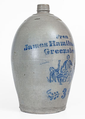 Very Rare James Hamilton & Co. / Greensboro, Pa. Stoneware Jug w/ Elaborate Stenciled Tavern Scene