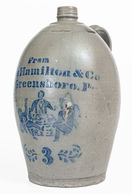 Very Rare James Hamilton & Co. / Greensboro, Pa. Stoneware Jug w/ Elaborate Stenciled Tavern Scene