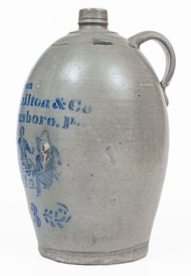 Very Rare James Hamilton & Co. / Greensboro, Pa. Stoneware Jug w/ Elaborate Stenciled Tavern Scene