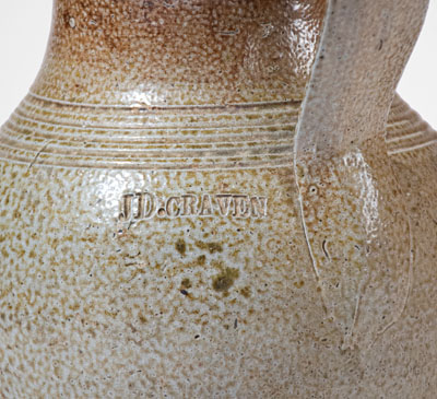 Rare J.D. CRAVEN Salt-Glazed Stoneware Pitcher, Randolph or Moore County, North Carolina