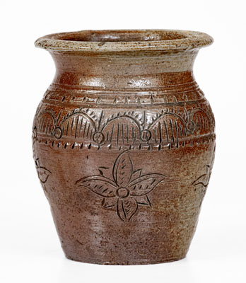 Very Rare Miniature Chester Webster, Randolph County, NC Stoneware Jar w/ Elaborate Incised Decoration