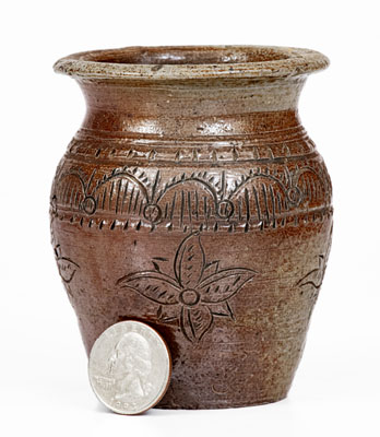 Very Rare Miniature Chester Webster, Randolph County, NC Stoneware Jar w/ Elaborate Incised Decoration