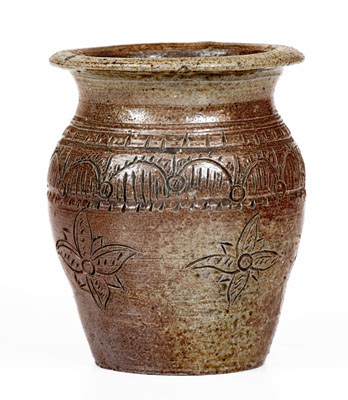 Very Rare Miniature Chester Webster, Randolph County, NC Stoneware Jar w/ Elaborate Incised Decoration