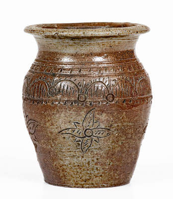 Very Rare Miniature Chester Webster, Randolph County, NC Stoneware Jar w/ Elaborate Incised Decoration