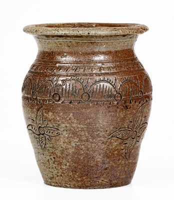 Very Rare Miniature Chester Webster, Randolph County, NC Stoneware Jar w/ Elaborate Incised Decoration