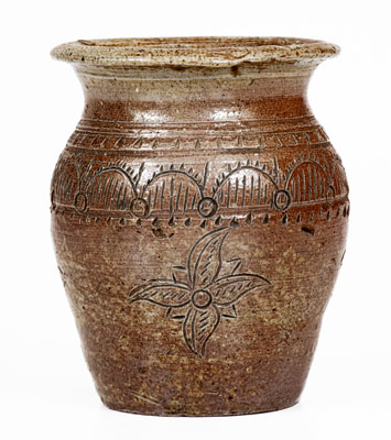 Very Rare Miniature Chester Webster, Randolph County, NC Stoneware Jar w/ Elaborate Incised Decoration