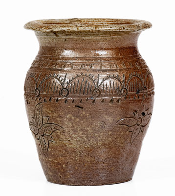 Very Rare Miniature Chester Webster, Randolph County, NC Stoneware Jar w/ Elaborate Incised Decoration