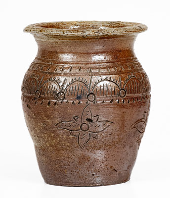 Very Rare Miniature Chester Webster, Randolph County, NC Stoneware Jar w/ Elaborate Incised Decoration